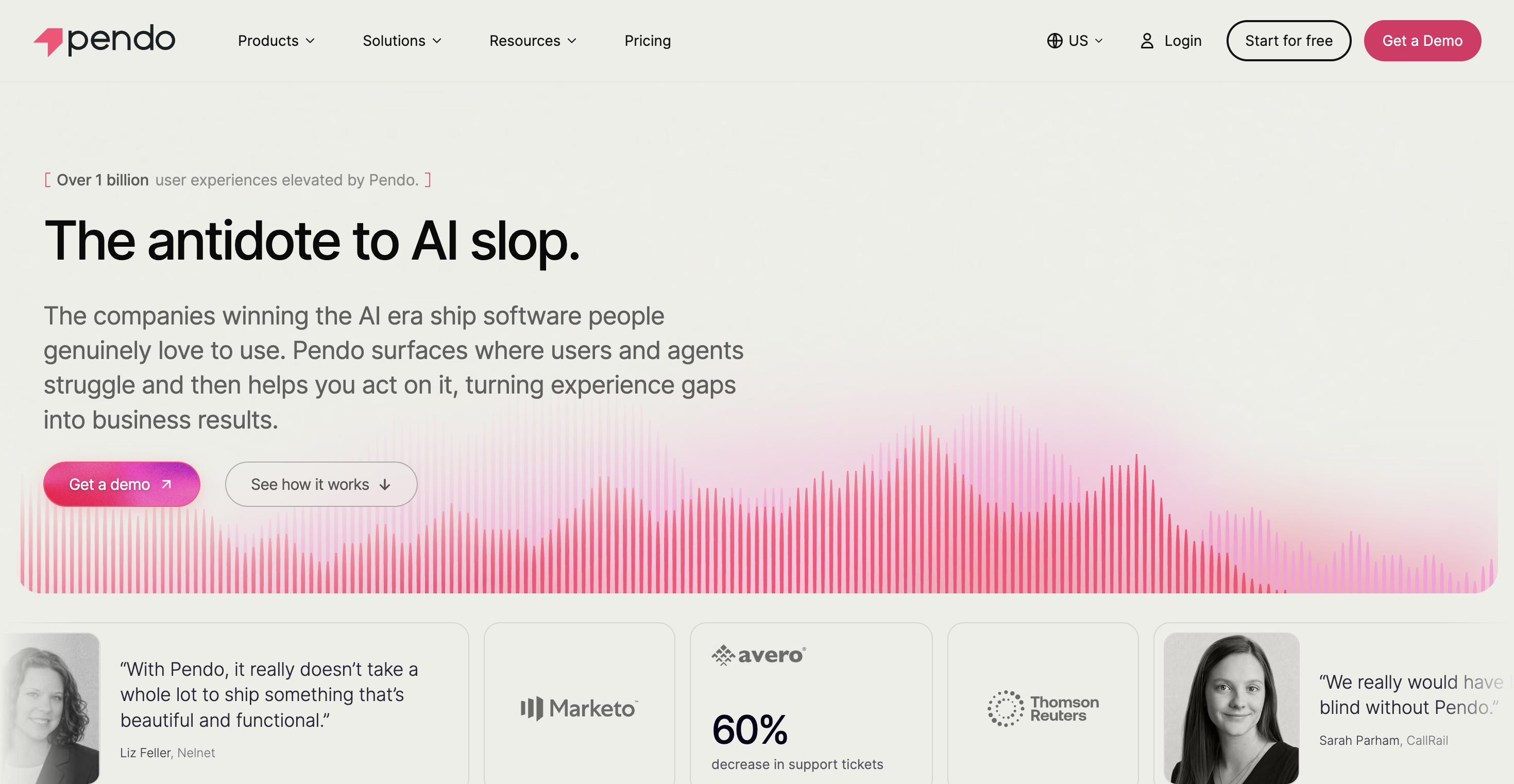 Pendo homepage presenting its product experience and analytics platform