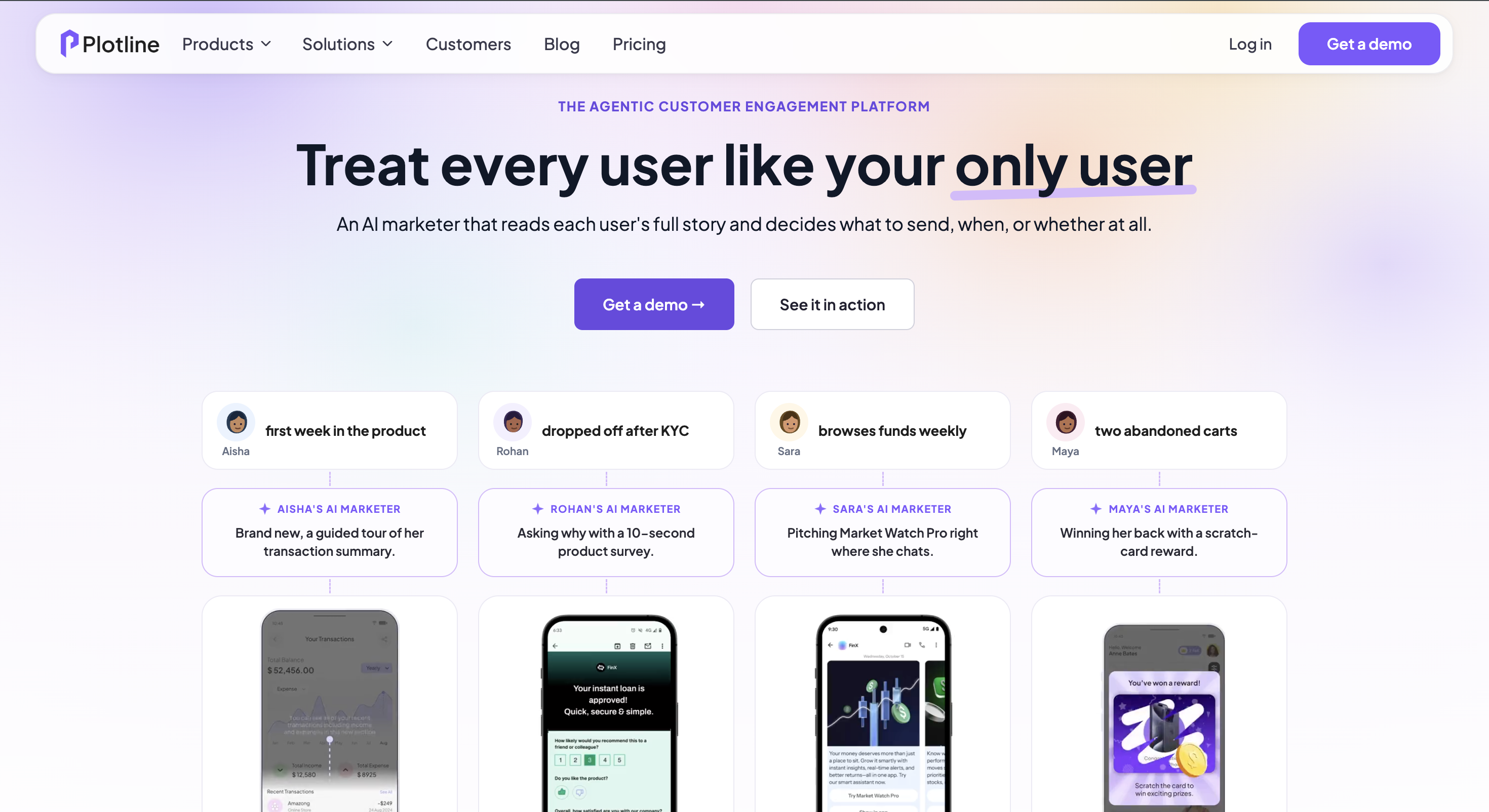 Plotline homepage showing personalized agentic customer engagement journeys