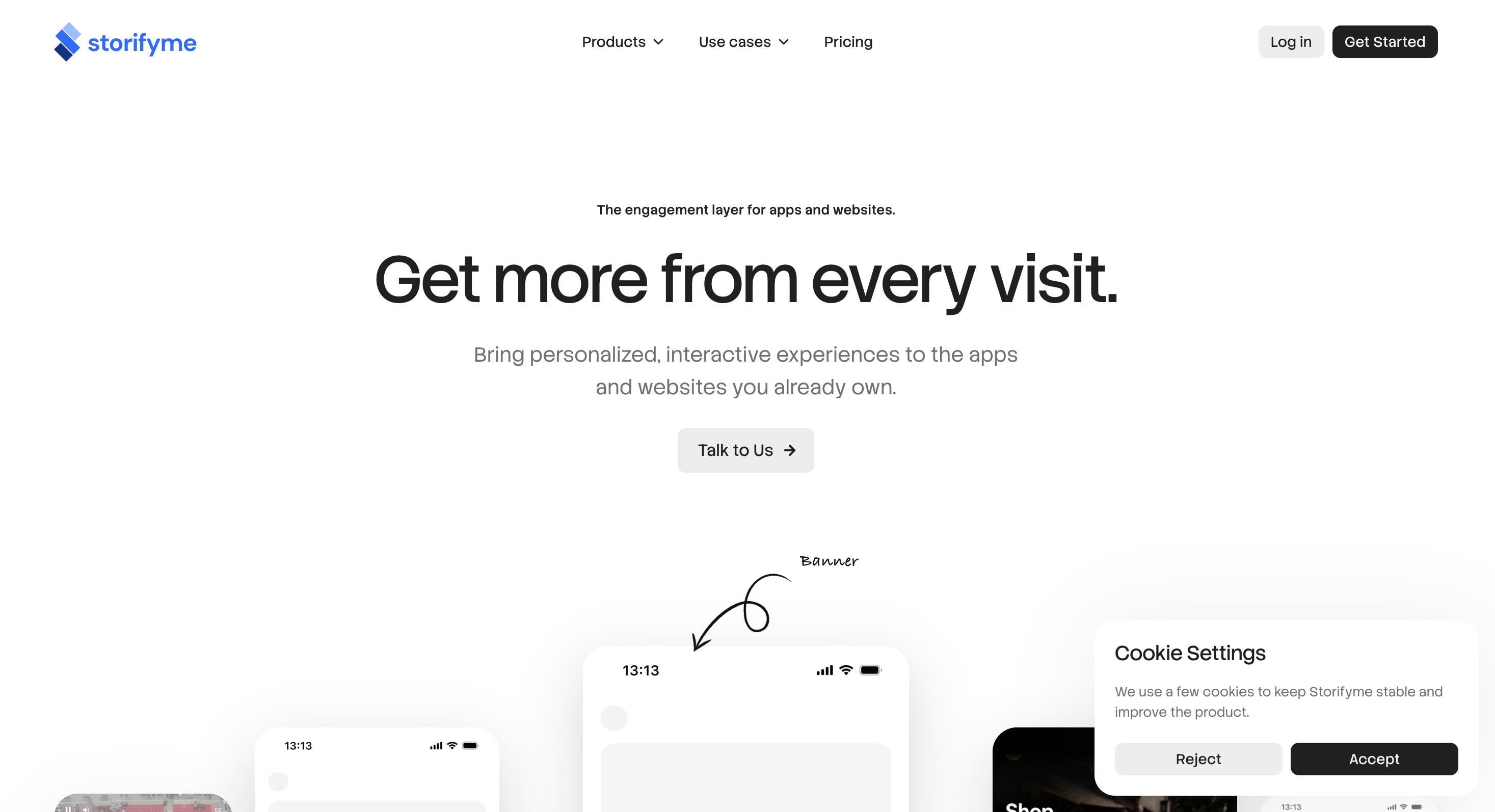 StorifyMe homepage presenting itself as the engagement layer for apps and websites
