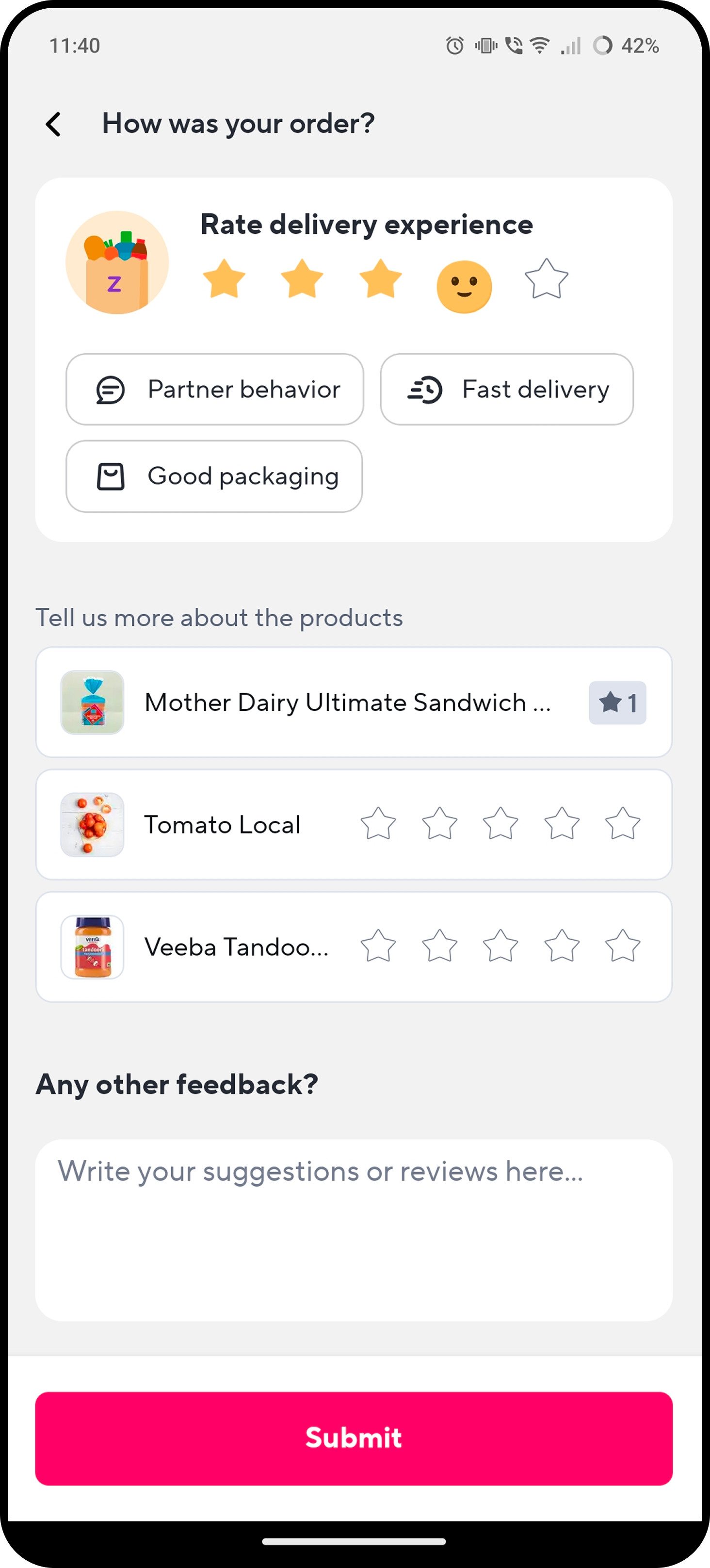 Zepto In-app Feedback Prompt